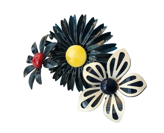 Vintage Metal Flower Pins, Three Enameled Colorfu… - image 2