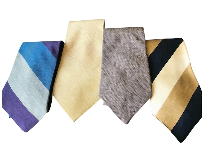 Handsome Fine Raw Silk Wool Blend Vintage Ties, Bold Stripe Blue Lavender, Gold Black, Neutral Beige Retro Neckties, Geoffrey Beene and more