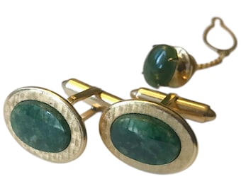 Vintage Cufflinks and Tie Pin Set, Jade Goldtone Oval, MidCentury Modern Gift, Classic Natural Stone Firmalwear, Lucky Groom Gift, Prom Swag