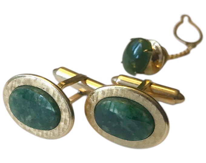 Vintage Cufflinks and Tie Pin Set, Jade Goldtone Oval, MidCentury Modern Gift, Classic Natural Stone Firmalwear, Lucky Groom Gift, Prom Swag