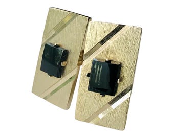 Rectangular Mid Century Minimalist Cufflinks, Florentine Etched, Small Round Black Center Stone, Retro Design, Classic Mens Accessory Basics