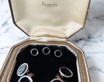 Stunning Rare Vintage Shirt Stud Set by, Krementz. Minimalist Art Deco design, Round Black Enamel Silver-tone Accent of Sophisticated Style
