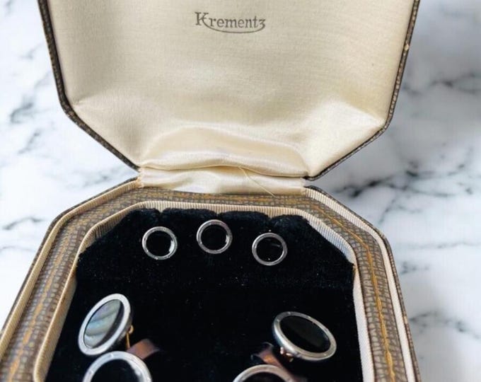 Stunning Rare Vintage Shirt Stud Set by, Krementz. Minimalist Art Deco design, Round Black Enamel Silver-tone Accent of Sophisticated Style