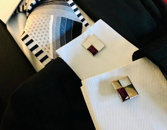 Mid-Century Modern Cufflinks: Silver Tone & Red L… - image 10