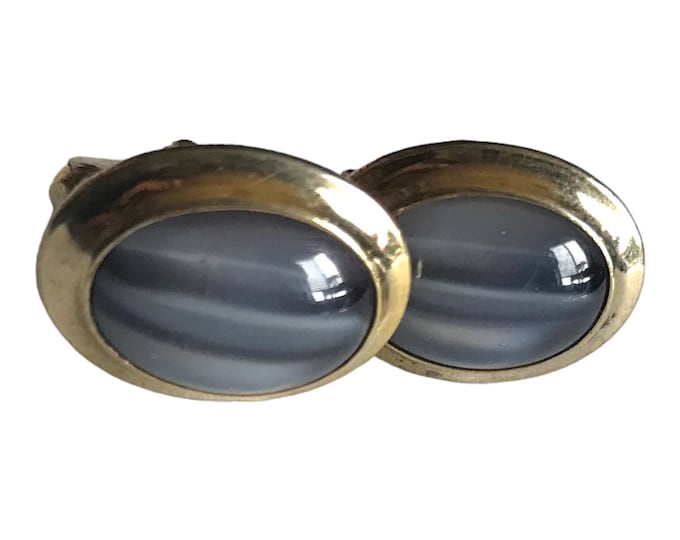 Gray Gold Vintage Cufflinks, Gray Striped Stone Gold-tone Ovals, Classic Mid Century Neutral, Event Wear, Groom Cufflinks, Great Retro Gift