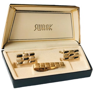 Swank Vintage Cufflink Set, Mid Century Modern Retro Cuff Links and Tie Clip, Gold Tone Geometric Design, In Original Box, Pristine Like New