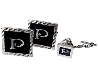 Monogram P Vintage Cufflink Tie Pin Set, Silver-tone Black Square Retro Swank Cufflink Set, MidCentury Gift,