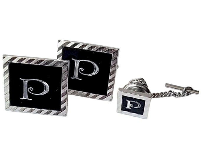 Monogram P Vintage Cufflink Tie Pin Set, Silver-tone Black Square Retro Swank Cufflink Set, MidCentury Gift,