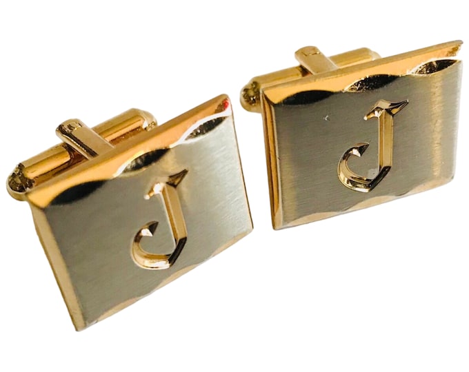 Monogram J Cufflinks, Vintage Silver-tone Gold-tone Accents, Square Retro Personalized Cuff Links, Mens Formalwear, Prom Groom Dad Love Gift