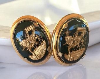 Vintage Cuff Links Asian Gold and Black Detailed Design, Man with Rickshaw in Gold-Tone on Black Cufflinks, Lacquered Retro Cuff Links