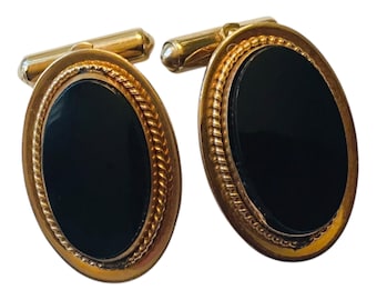 Classic Mid Century Cuff Links, Destino Vintage Cufflinks, Oval Black Onyx Natural Stone, Gold-tone Casing, Polished Finish,