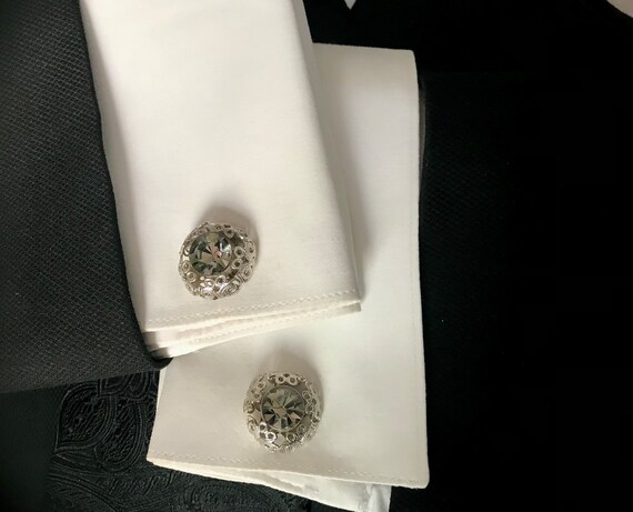 Ornate Mid Century Cufflinks, Round Gray Silverto… - image 10