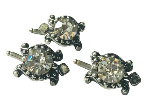 Vintage Tuxedo Shirt Studs Rhinestone Turtles Set of Three, Silver-tone Detailed Casing, Sliding Pin, Retro Mid Century Formal Fashion View 3