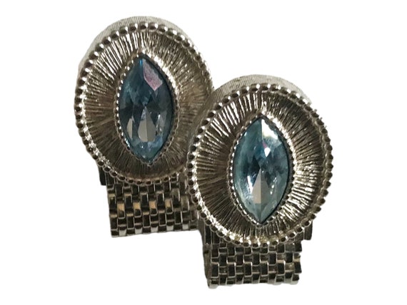 Vintage Cufflinks, Artic Blue Glass Cat Eye Stone… - image 2