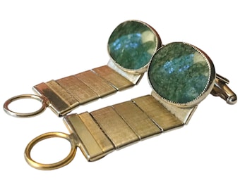 Stylish Vintage Wide Link Wrap Cufflinks, Large Oval Green Jade Stone, Mid Century Minimalist Cufflinks, Groom Groomsmen Luck or Love Gift