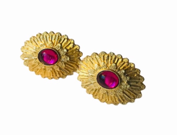 Large Vintage 70s Gold-tone Floral Cufflinks Cuff… - image 1