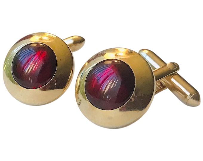 Vintage Retro Cuff Links, Small Round Shape Mid Century Vintage Design, Red and Gold-tone Domed Cufflinks, Handsome Vintage Gift