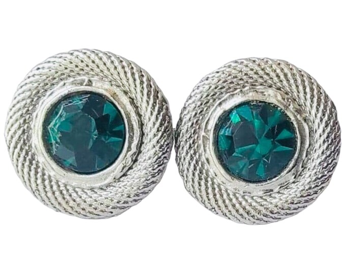 Mid Century Mens Accent, Silvertone Round Vintage Cufflinks, Green Rhinestone, Roped Edge, Just for Romeo