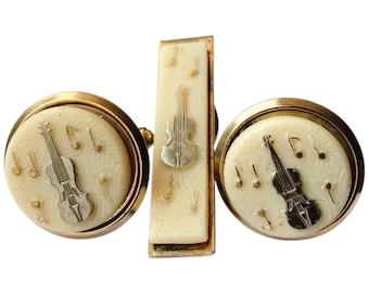 Musical Theme Vintage Cufflink Tie Clip Set, Retro Ecru White Round Guitar Cello Cuff Link and Matching Tie Pin, Mid Century Modern