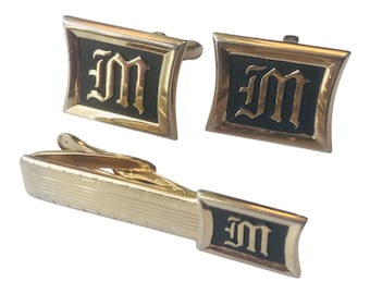 Vintage Monogram M Old English Font Cuff Links and Tie Clip Set, Black and Gold, Mid Century Cufflinks Tie Clip Set