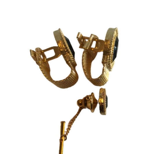 Vintage Goldtone Cufflink Tie Pin Set: Black Glas… - image 4