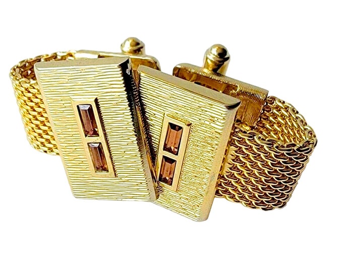 Dandy Gentleman Retro Cufflinks, Gold-tone Rectangular Textured Wrap Cufflinks With Dark  Gold Rhinestone Slivers, Handsome Elegant Gift