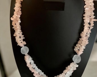 Rose and Clear Quartz Chip 3 Strand Vintage Necklace, Elegant Vintage Statement Necklace, Natural Stone Healing Strength Romance Properties