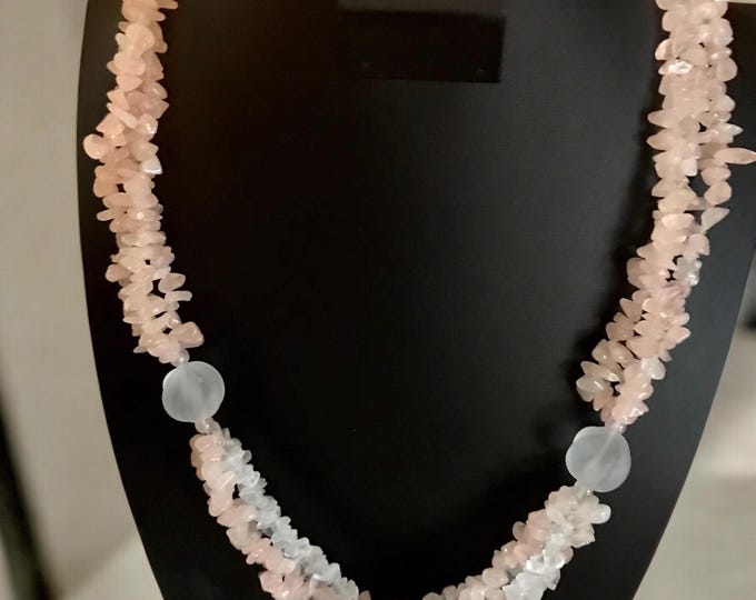 Rose and Clear Quartz Chip 3 Strand Vintage Necklace, Elegant Vintage Statement Necklace, Natural Stone Healing Strength Romance Properties