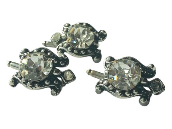 Vintage Tuxedo Shirt Studs Rhinestone Turtles Set of Three, Silver-tone Detailed Casing, Sliding Pin, Retro Mid Century Formal Fashion View 4