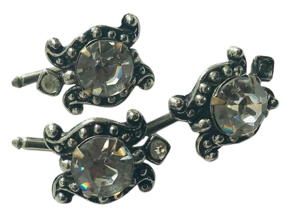 Vintage Tuxedo Shirt Studs Rhinestone Turtles Set of Three, Silver-tone Detailed Casing, Sliding Pin, Retro Mid Century Formal Fashion View 5