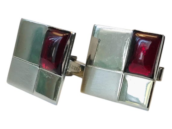 Mid-Century Modern Cufflinks: Silver Tone & Red L… - image 1
