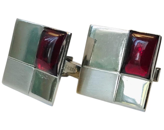 Executive Essentials Vintage Cufflinks, SilverTone Square Geographic Mid Century Design, Formalwear Menswear Cuff Links, Red Lucite Accent