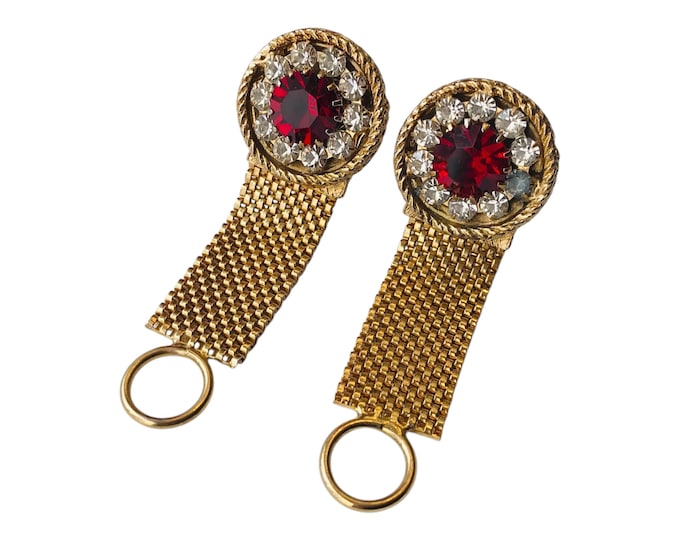 Elegant Bling Vintage Cuff Links, Opulent Red and Clear Crystal Gold Tone Cufflinks, Formalwear Wrap Chain, Retro Prom, Handsome Groom Gift