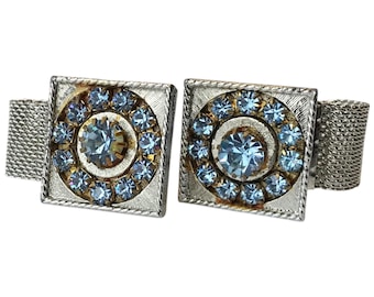 Vintage Bling Silvertone Cufflinks, Recessed Row of Blue Rhinestones with Center Stone, Square Cuff Link Face, Wrap Chain, Roped Edge Detail