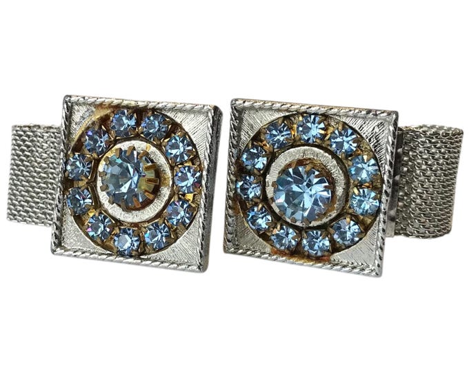 Vintage Bling Silvertone Cufflinks, Recessed Row of Blue Rhinestones with Center Stone, Square Cuff Link Face, Wrap Chain, Roped Edge Detail