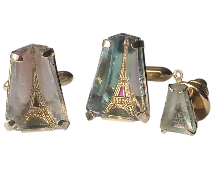 Eiffel Tower Vintage Cuff Links and Tie Pin Set, Paris Theme Jewelry, Mid Century Travel France Menswear Gift