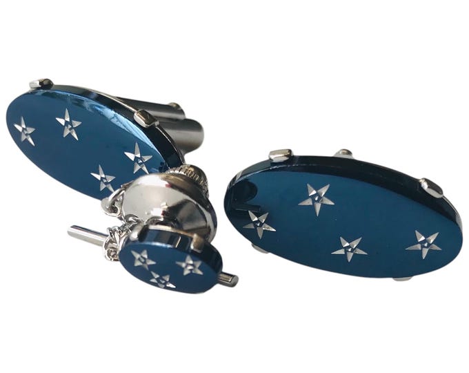 Charming Metallic Blue Silver-Tone Vintage Cuff Links Tie Pin Set, 1950s Mid Century Modern Oval Shape Etched Star Pattern, Groom Formalwear