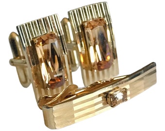 Vintage Gold-Tone Cufflink Tie Clip Set: Ribbed Champagne Stone