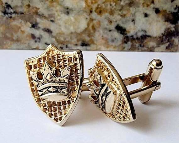 Vintage Crown Shield Cufflinks, Gold-tone Heraldic Crest Motif, Regal Gift for a Majestic Groom, Groom Gift