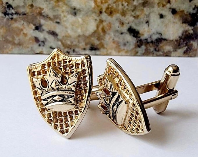 Vintage Crown Shield Cufflinks, Gold-tone Heraldic Crest Motif, Regal Gift for a Majestic Groom, Groom Gift