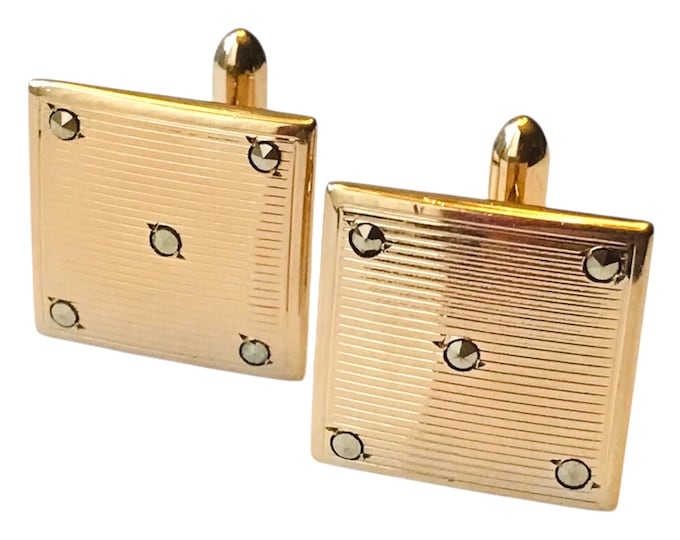 Classic Minimalist Vintage Cufflinks, Square Gold Tone Mid Century Subtle Pattern Cuff Links, Groom Wedding Cuff Links, Event Menswear