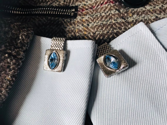 Vintage Cuff Links, Artic Blue Glass Cat Eye Ston… - image 9