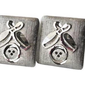 Vintage Bowling Enthusiast Cufflinks, Mid Century Modern Two Pins Bowling Ball Design, Minimalist Silver-tone, Florentine Finish Cuff Links