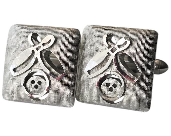 Vintage Bowling Enthusiast Cufflinks, Mid Century Modern Two Pins Bowling Ball Design, Minimalist Silver-tone, Florentine Finish Cuff Links