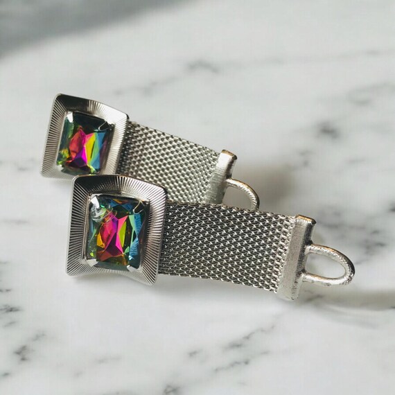Vintage Emerald Cut Glass Cufflinks: Silvertone M… - image 5