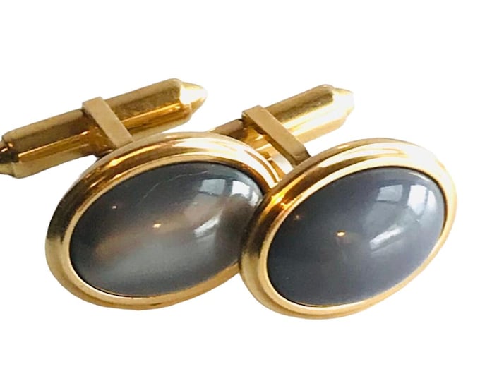 Classic Gray Gold-tone Vintage Cufflinks, Gray Cabochon Oval, Traditional, Dapper Retro Formal Wardrobe Staple, Classic Groom Cufflinks