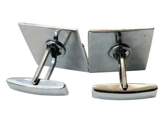 Mid-Century Modern Cufflinks: Silver Tone & Red L… - image 3