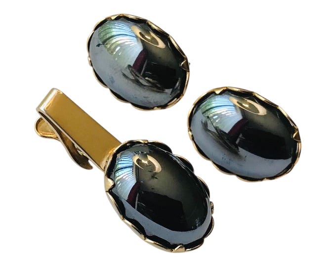 Large Vintage Gold-tone and Gray Cabochon Cuff Link Tie Clip Set, Silver Dark Gray with Contrast Gold Color Statement Mid Century Cufflinks