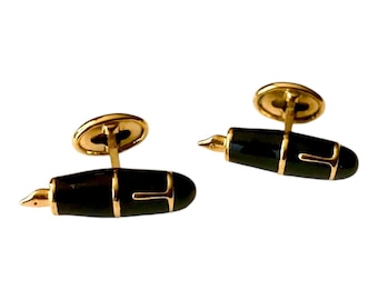 Enamel Fountain Pen Cuff Links, Black Enamel, Novelty Pen Detailed Design, Gold Tone Whale Back, Elegant Attorney, Literary Enthusiast Swag