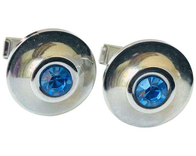 Mid Century Modern Silvertone and Blue Rhinestone Round Vintage Cufflinks